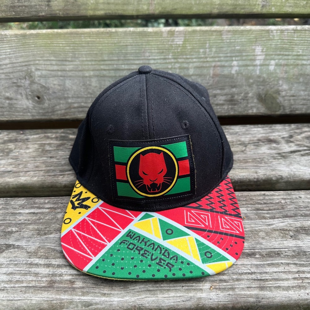 Marvel Black Panther Wakanda Forever Snapback Hat Black Multi Color OSFM Tribal
